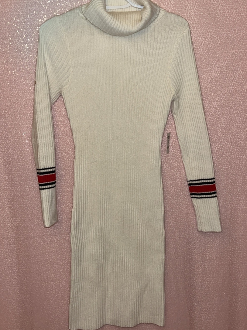 Charlotte Russe Cream Ribbed Turtleneck Sweater Dress with Striped Cuffs - Picture 2 of 2